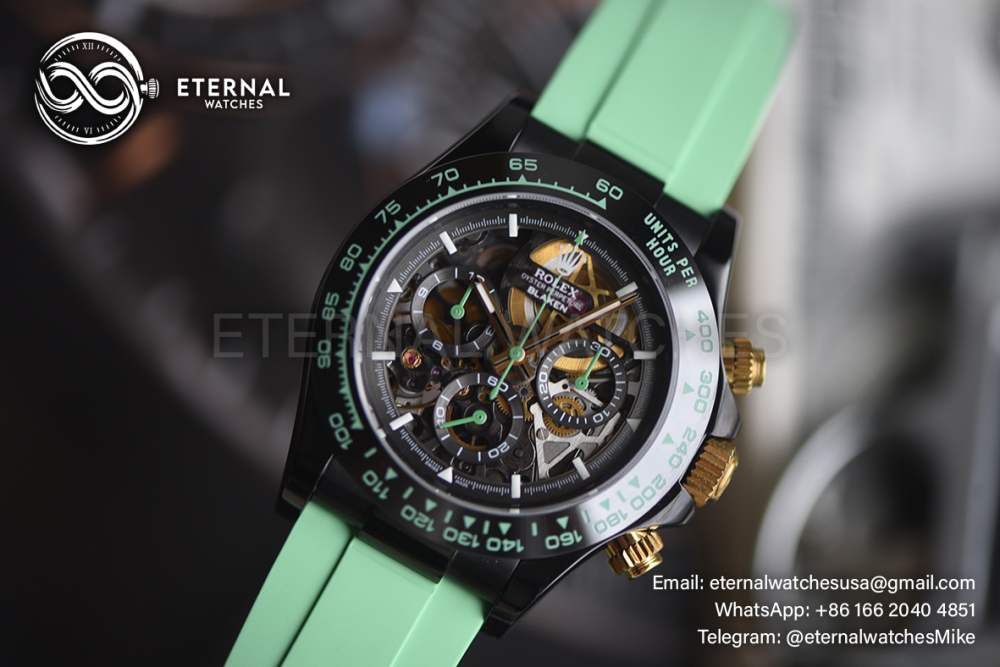 ROLEX - SUPRE CLONE Daytona Blaken 40mm Black Ceramic/RU Sketelon Dial on Green Strap SONIC DD4130