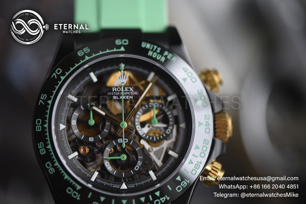ROLEX - SUPRE CLONE Daytona Blaken 40mm Black Ceramic/RU Sketelon Dial on Green Strap SONIC DD4130