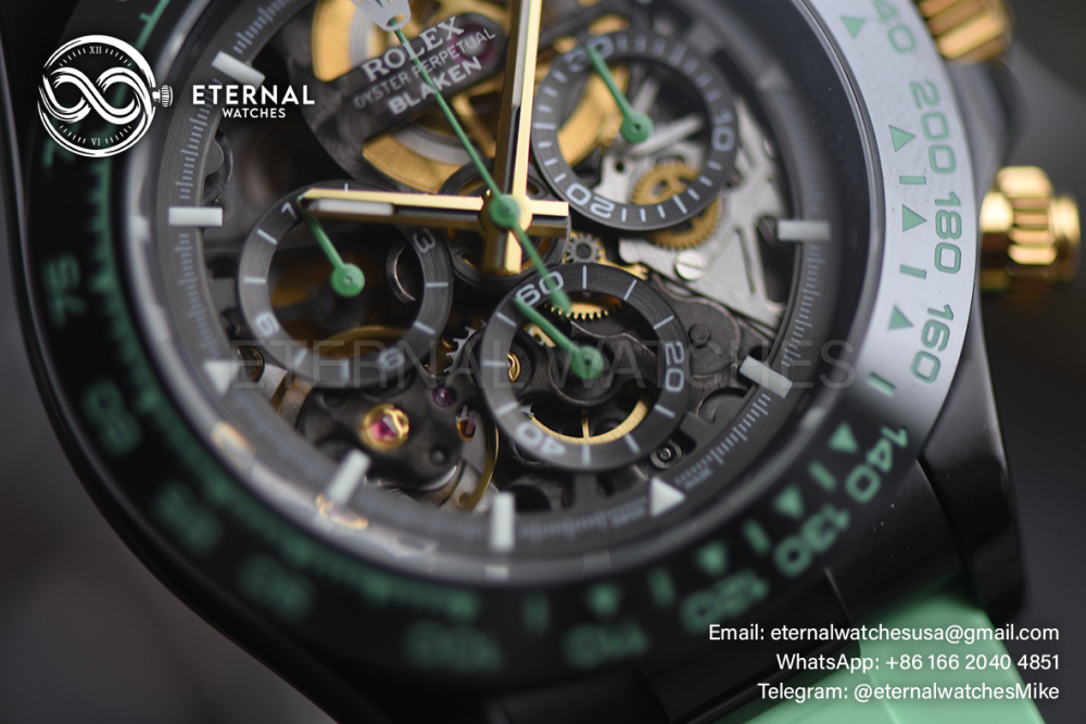 ROLEX - SUPRE CLONE Daytona Blaken 40mm Black Ceramic/RU Sketelon Dial on Green Strap SONIC DD4130
