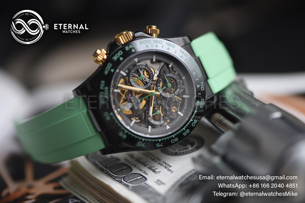 ROLEX - SUPRE CLONE Daytona Blaken 40mm Black Ceramic/RU Sketelon Dial on Green Strap SONIC DD4130