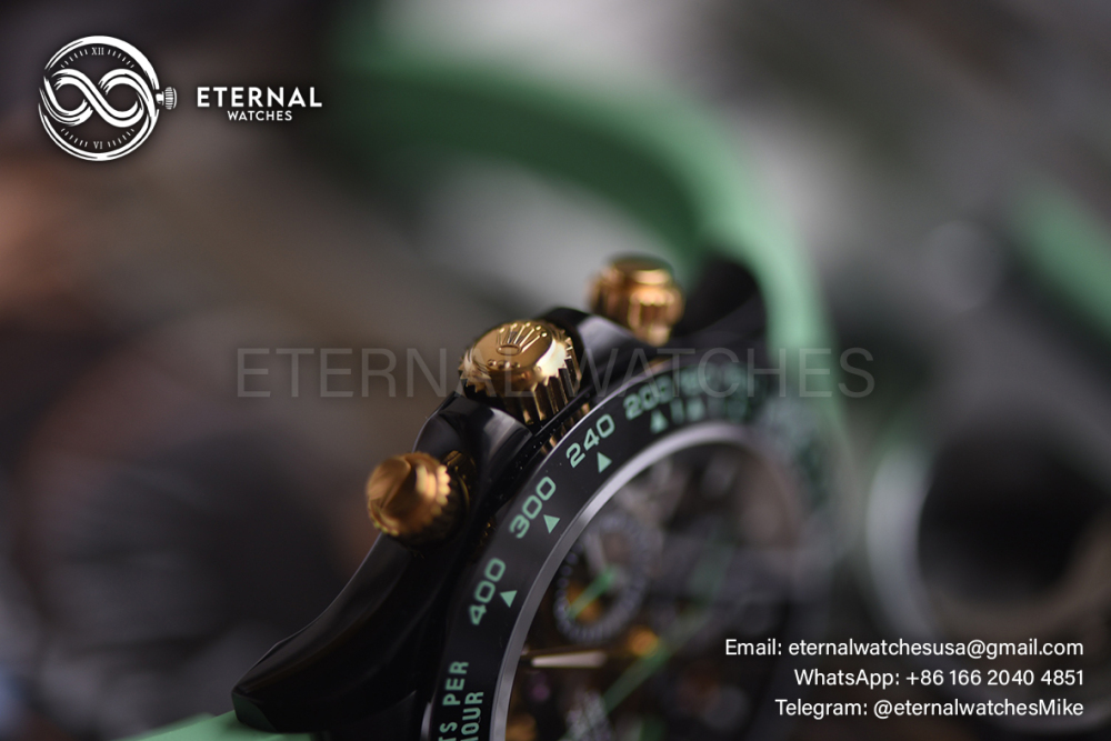 ROLEX - SUPRE CLONE Daytona Blaken 40mm Black Ceramic/RU Sketelon Dial on Green Strap SONIC DD4130