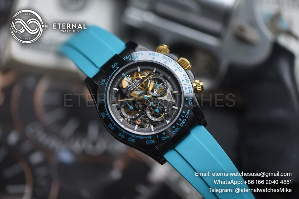 ROLEX - SUPRE CLONE Daytona Blaken 40mm Black Ceramic/RU Sketelon Dial on Blue Strap SONIC DD4130