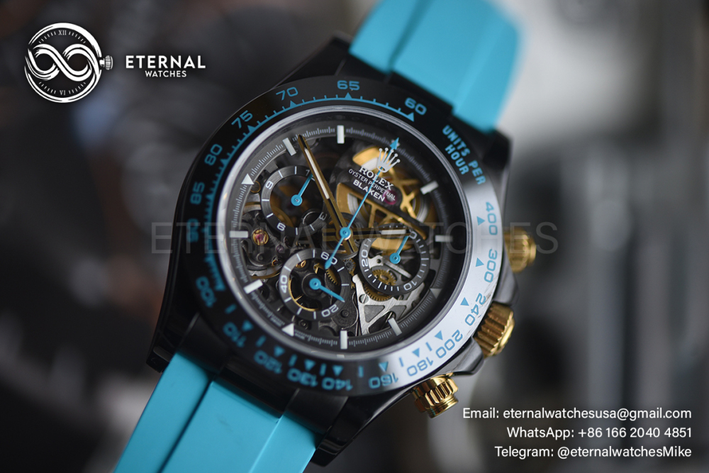 ROLEX - SUPRE CLONE Daytona Blaken 40mm Black Ceramic/RU Sketelon Dial on Blue Strap SONIC DD4130