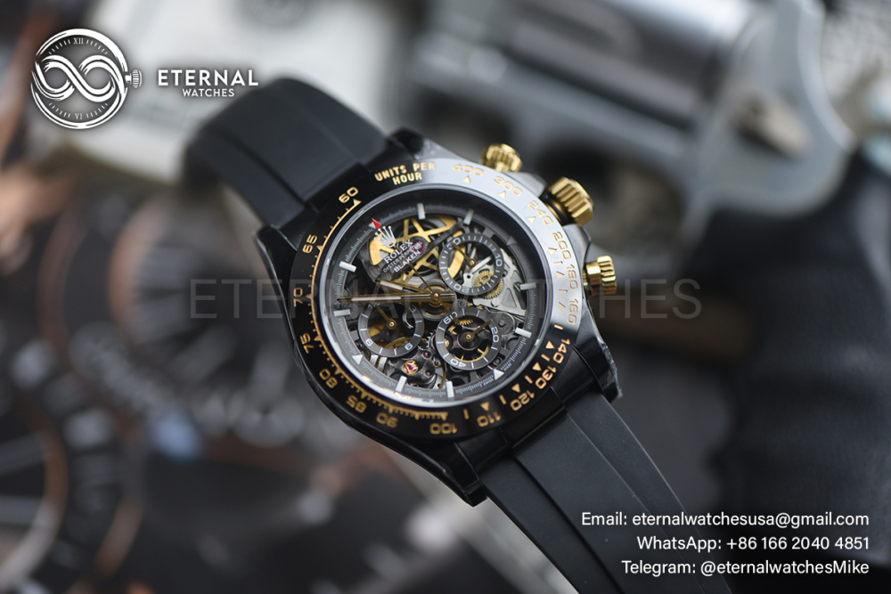 ROLEX - SUPRE CLONE Daytona Blaken 40mm Black Ceramic/RU Sketelon Dial on Black Strap SONIC DD4130