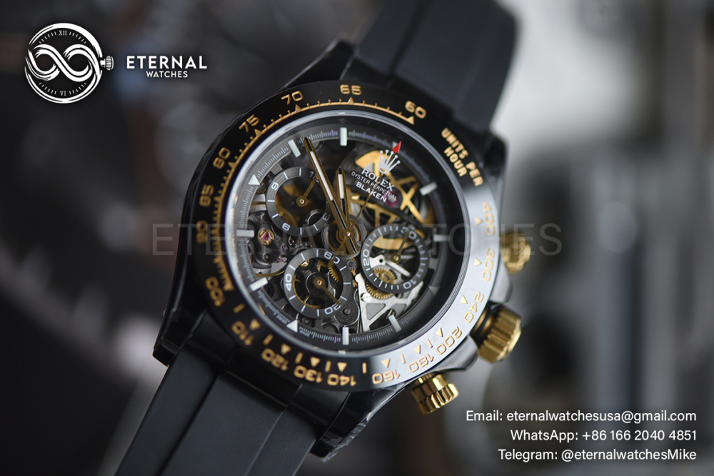 ROLEX - SUPRE CLONE Daytona Blaken 40mm Black Ceramic/RU Sketelon Dial on Black Strap SONIC DD4130
