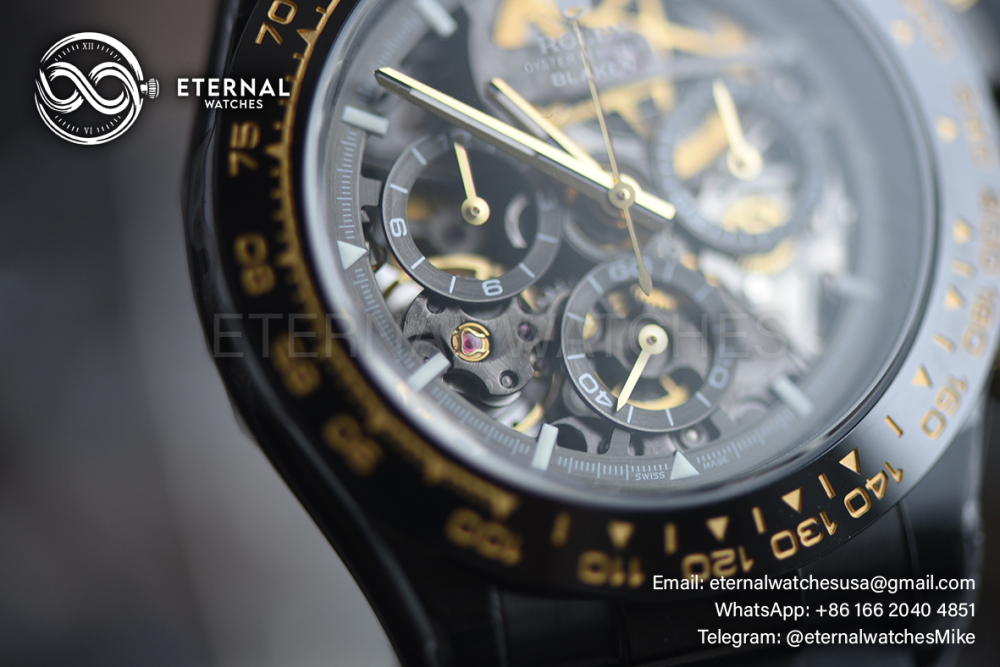 ROLEX - SUPRE CLONE Daytona Blaken 40mm Black Ceramic/RU Sketelon Dial on Black Strap SONIC DD4130