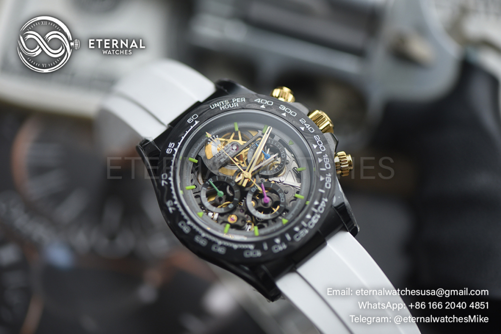 ROLEX - SUPRE CLONE Daytona Blaken 40mm Black Ceramic/RU Sketelon Dial on White Strap SONIC DD4130