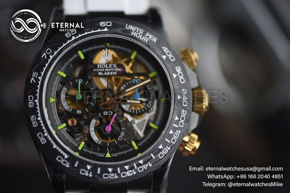 ROLEX - SUPRE CLONE Daytona Blaken 40mm Black Ceramic/RU Sketelon Dial on White Strap SONIC DD4130