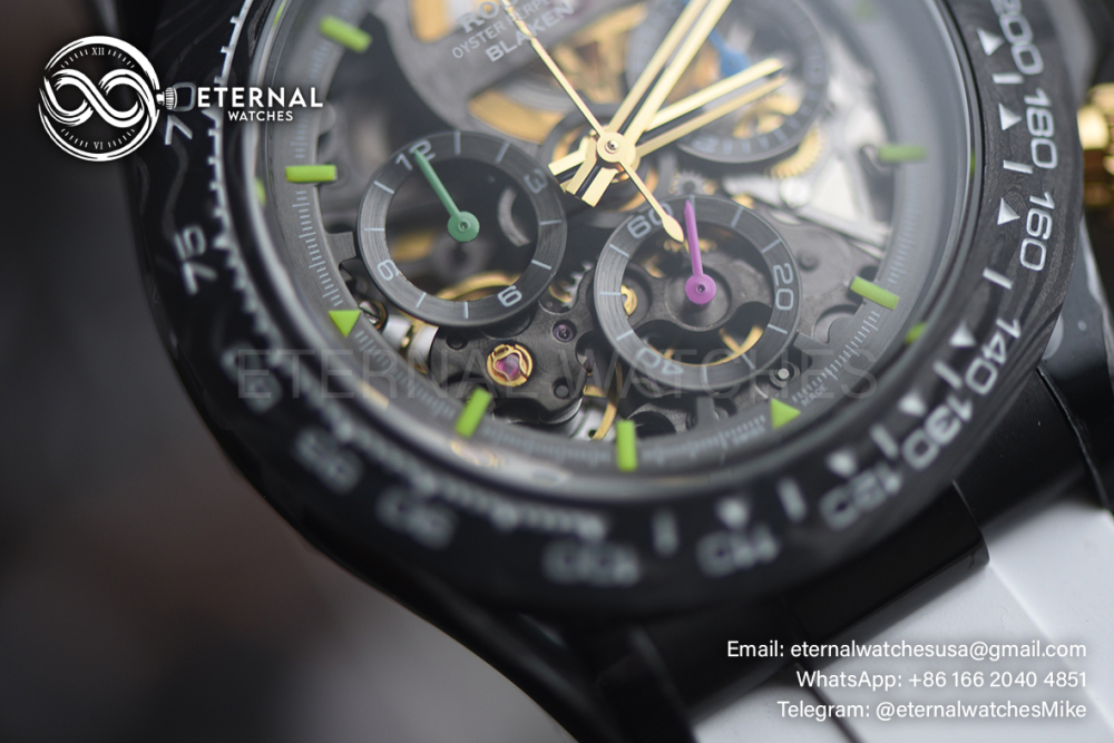 ROLEX - SUPRE CLONE Daytona Blaken 40mm Black Ceramic/RU Sketelon Dial on White Strap SONIC DD4130