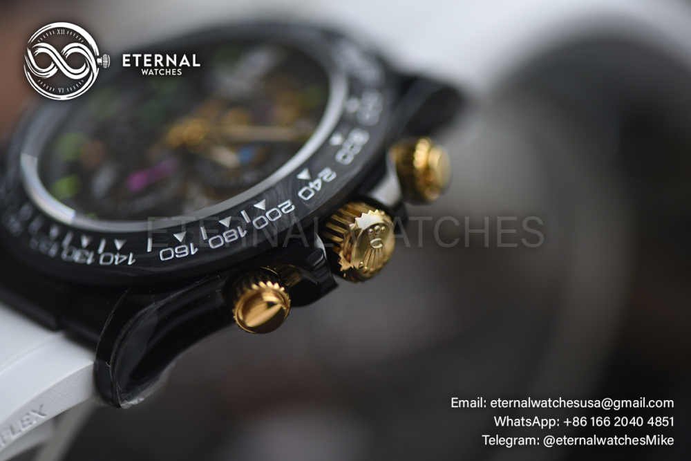 ROLEX - SUPRE CLONE Daytona Blaken 40mm Black Ceramic/RU Sketelon Dial on White Strap SONIC DD4130