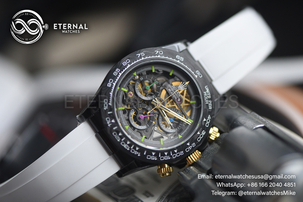 ROLEX - SUPRE CLONE Daytona Blaken 40mm Black Ceramic/RU Sketelon Dial on White Strap SONIC DD4130