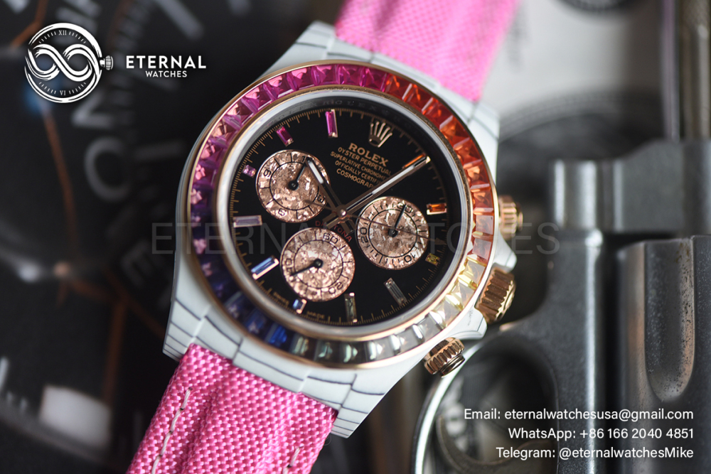 ROLEX - SUPER CLONE Daytona Rainbow 40mm White Carbon/NY Black/Stk Dial Pink Sonic DD4130