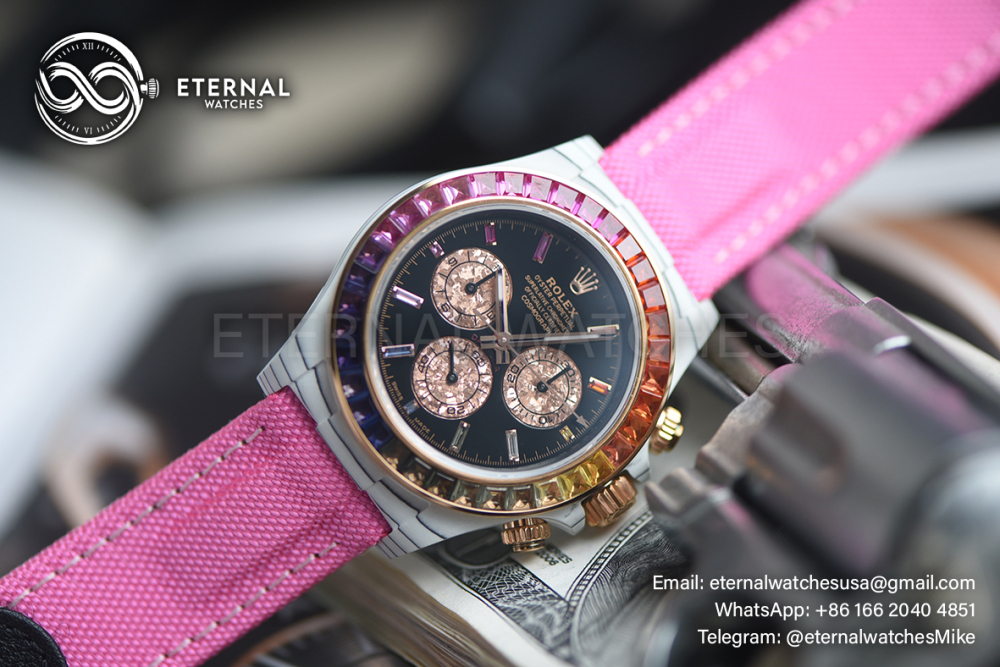 ROLEX - SUPER CLONE Daytona Rainbow 40mm White Carbon/NY Black/Stk Dial Pink Sonic DD4130