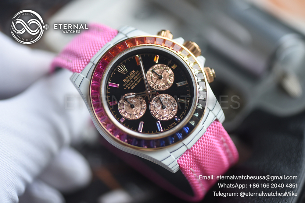 ROLEX - SUPER CLONE Daytona Rainbow 40mm White Carbon/NY Black/Stk Dial Pink Sonic DD4130