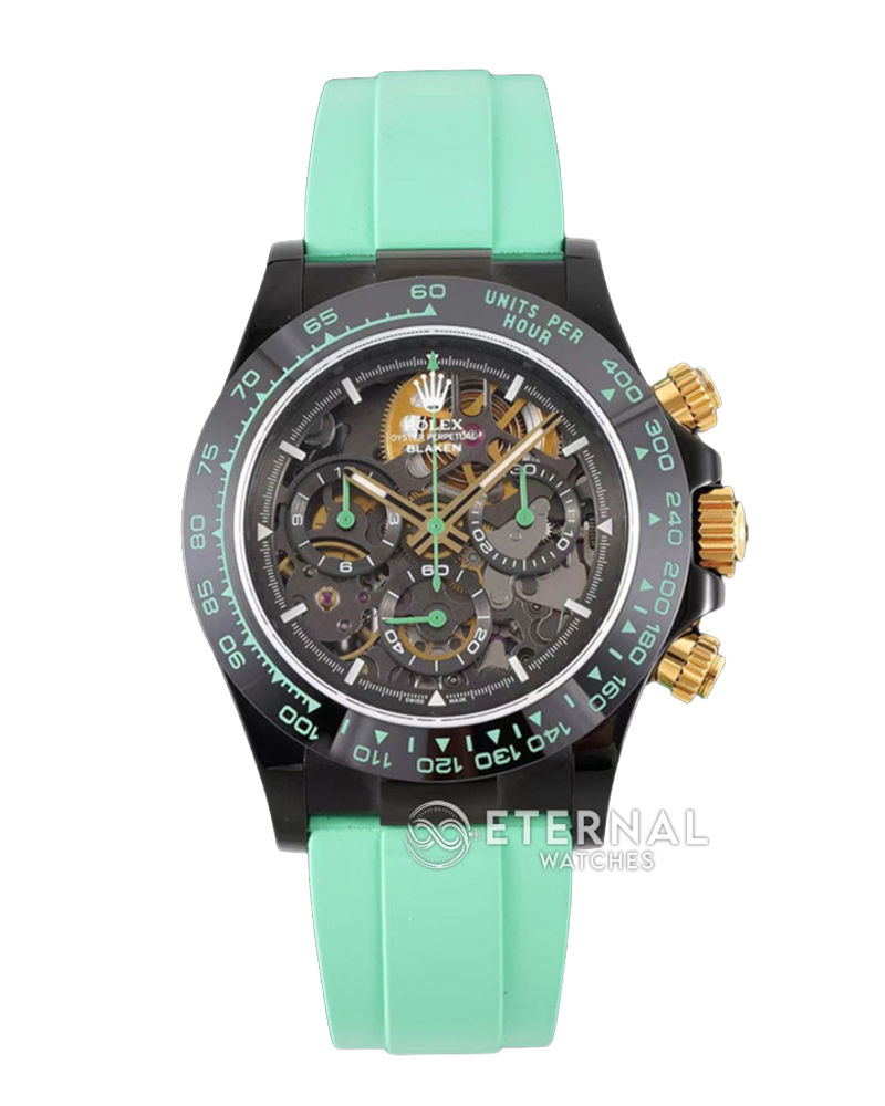 ROLEX - SUPRE CLONE Daytona Blaken 40mm Black Ceramic/RU Sketelon Dial on Green Strap SONIC DD4130