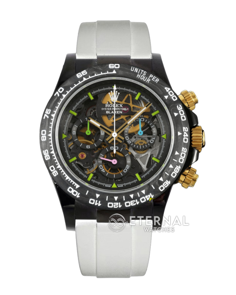 ROLEX - SUPRE CLONE Daytona Blaken 40mm Black Ceramic/RU Sketelon Dial on White Strap SONIC DD4130