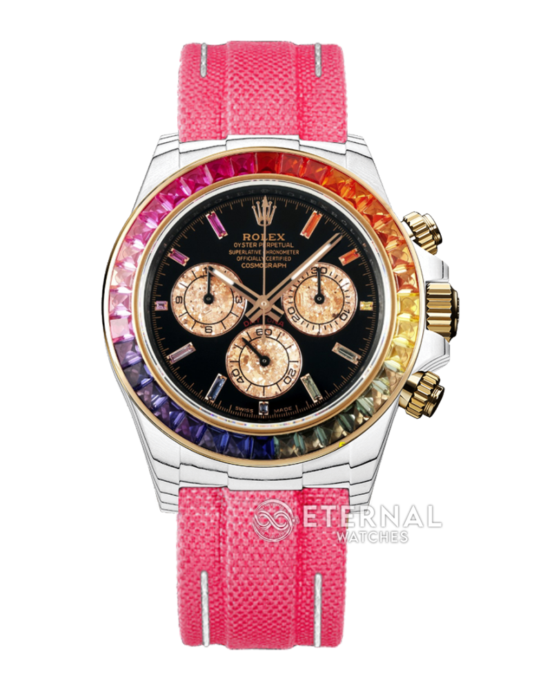 ROLEX - SUPER CLONE Daytona Rainbow 40mm White Carbon/NY Black/Stk Dial Pink Sonic DD4130