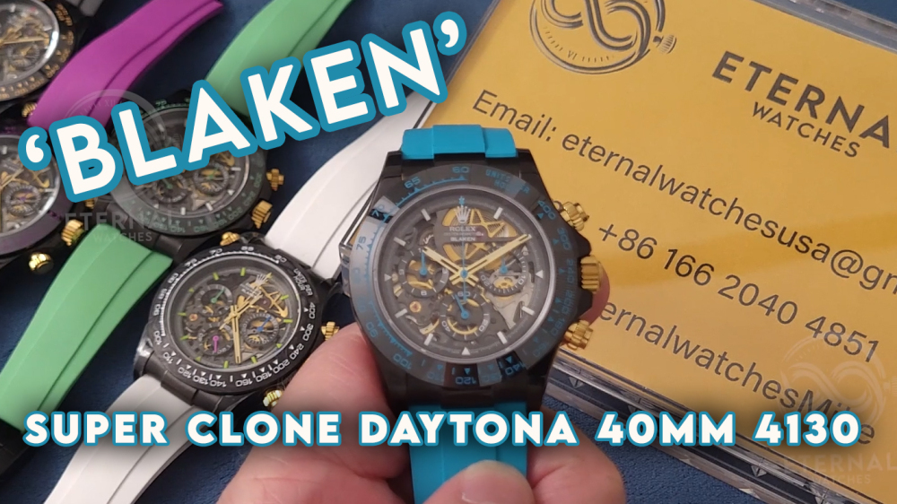 ROLEX - SUPRE CLONE Daytona Blaken 40mm Black Ceramic/RU Sketelon Dial on Blue Strap SONIC DD4130