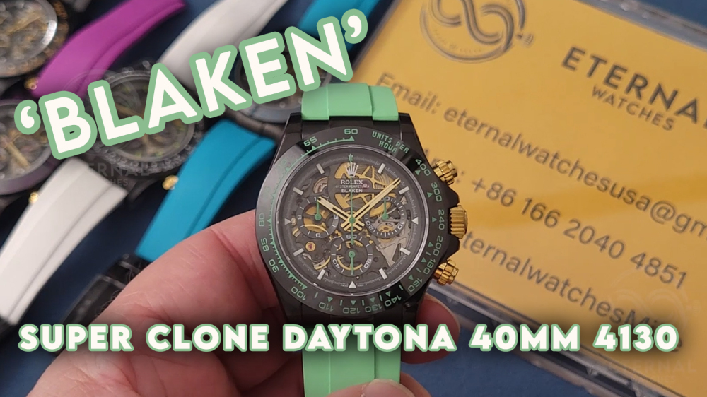 ROLEX - SUPRE CLONE Daytona Blaken 40mm Black Ceramic/RU Sketelon Dial on Green Strap SONIC DD4130