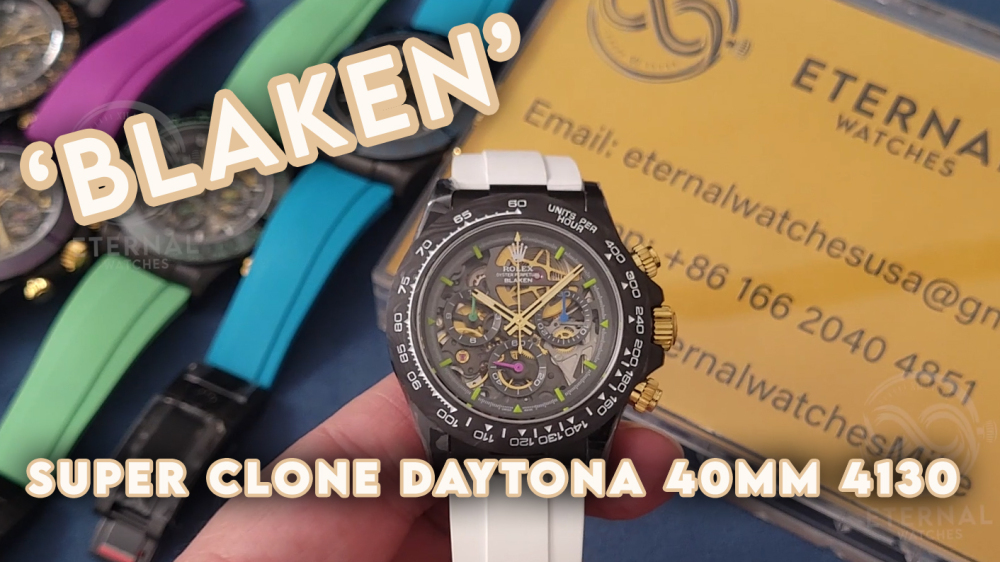 ROLEX - SUPRE CLONE Daytona Blaken 40mm Black Ceramic/RU Sketelon Dial on White Strap SONIC DD4130