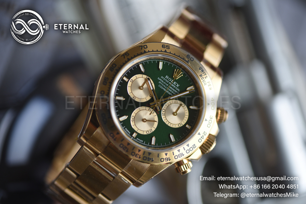 ROLEX - SUPER CLONE Daytona 126508 40mm YG/YG Green/Stk VSF V3 DD4131 (Weight Adjusted)