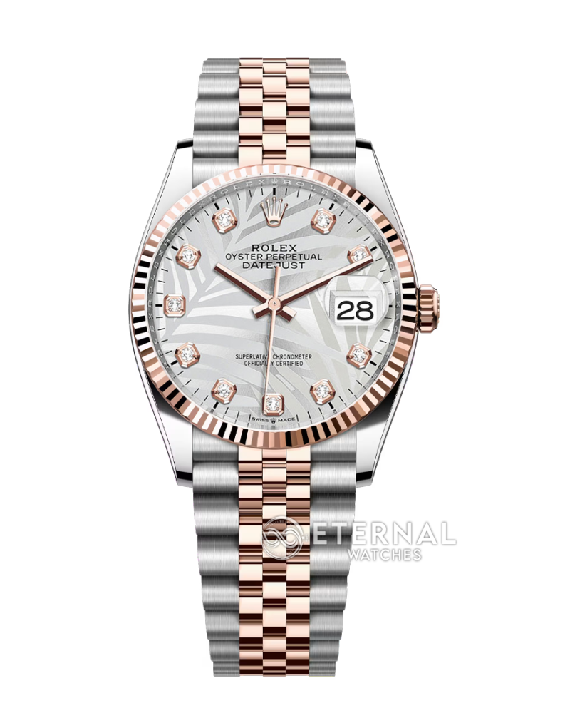 ROLEX - SUPER CLONE Datejust 126231 36mm Jubilee RG/SS Silver Palm Motif/Dia VSF DD3235