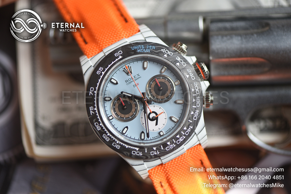 ROLEX - SUPER CLONE Daytona DIW 40mm White Carbon/NY Light Blue/Stk Dial Sonic DD4130