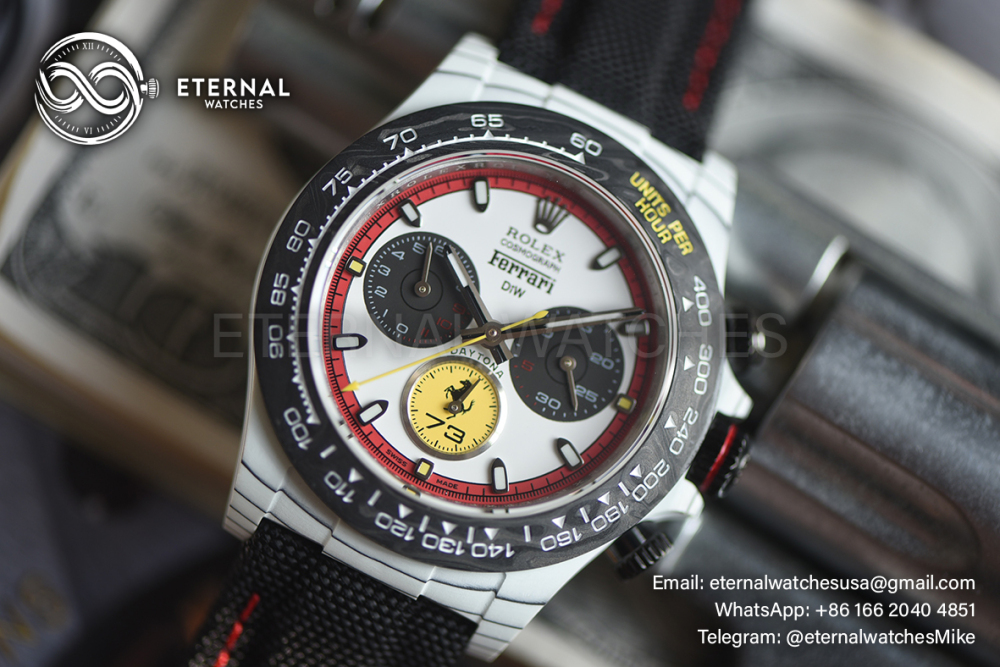 ROLEX - SUPER CLONE Daytona DIW Ferrari Special Edition 40mm White Carbon/NY White/Stk Dial Sonic DD4130