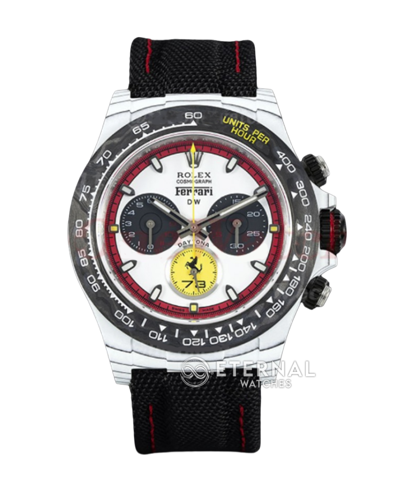 ROLEX - SUPER CLONE Daytona DIW Ferrari Special Edition 40mm White Carbon/NY White/Stk Dial Sonic DD4130