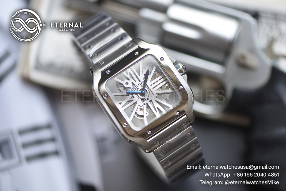 CARTIER - SUPER CLONE Santos De Cartier 40mm Grey Bezel SS/SS Skeleton Dial RICHF 9611MC