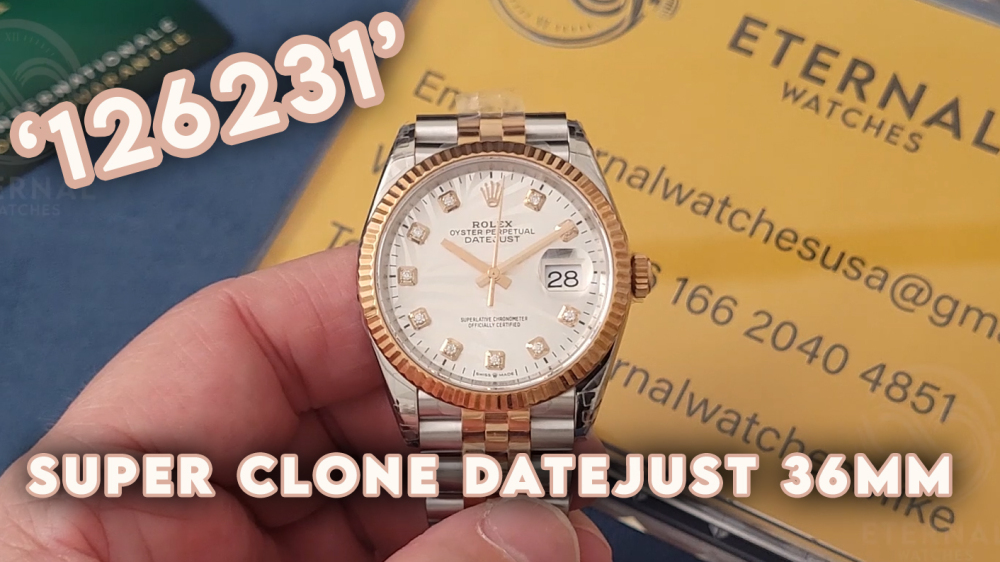 ROLEX - SUPER CLONE Datejust 126231 36mm Jubilee RG/SS Silver Palm Motif/Dia VSF DD3235