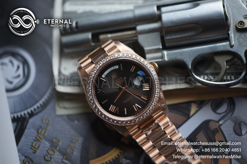 ROLEX - SUPER CLONE DayDate 228235 40mm Rose Gold Black Diamond RCF V2 (Weight Adjusted)