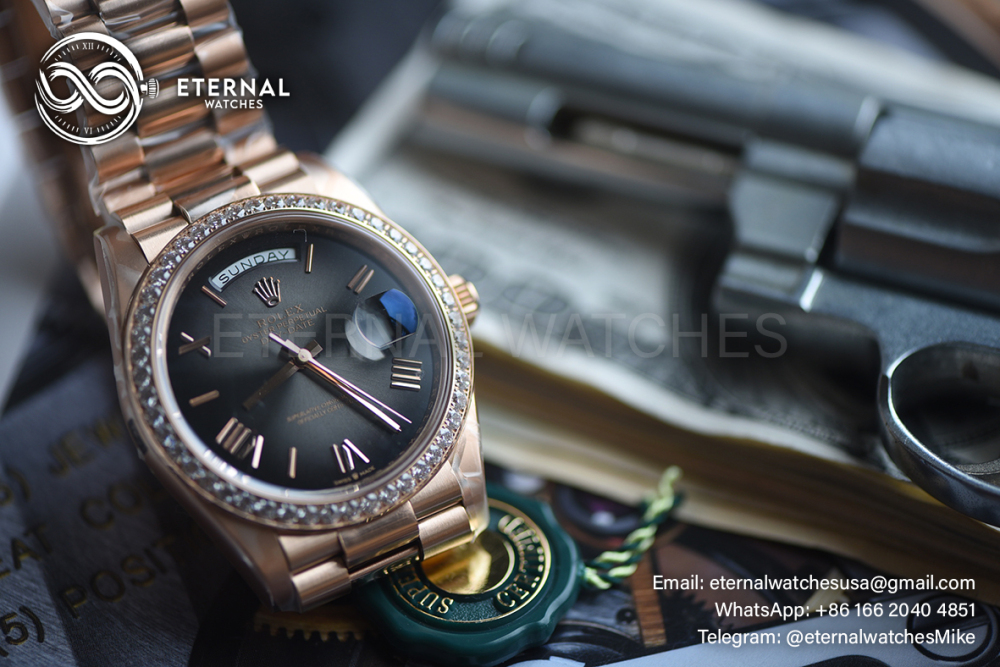 ROLEX - SUPER CLONE DayDate 228235 40mm Rose Gold Black Diamond RCF V2 (Weight Adjusted)
