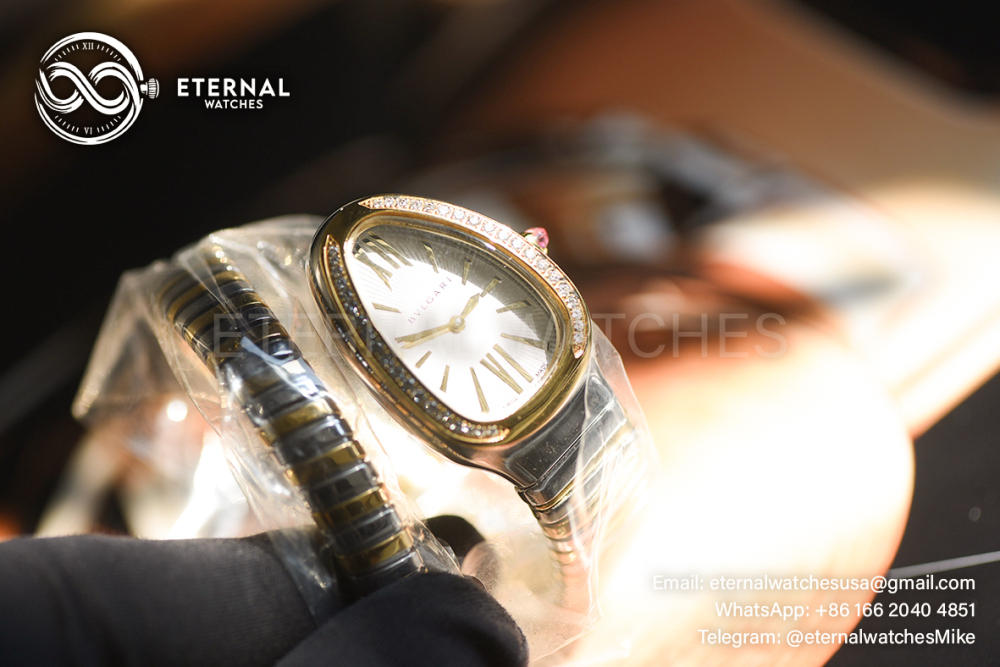 BULGARI - CUSTOM Serpenti Spiga 35mm White/Genuine Diamonds YG/YG White Dial BVF Swiss Qtz