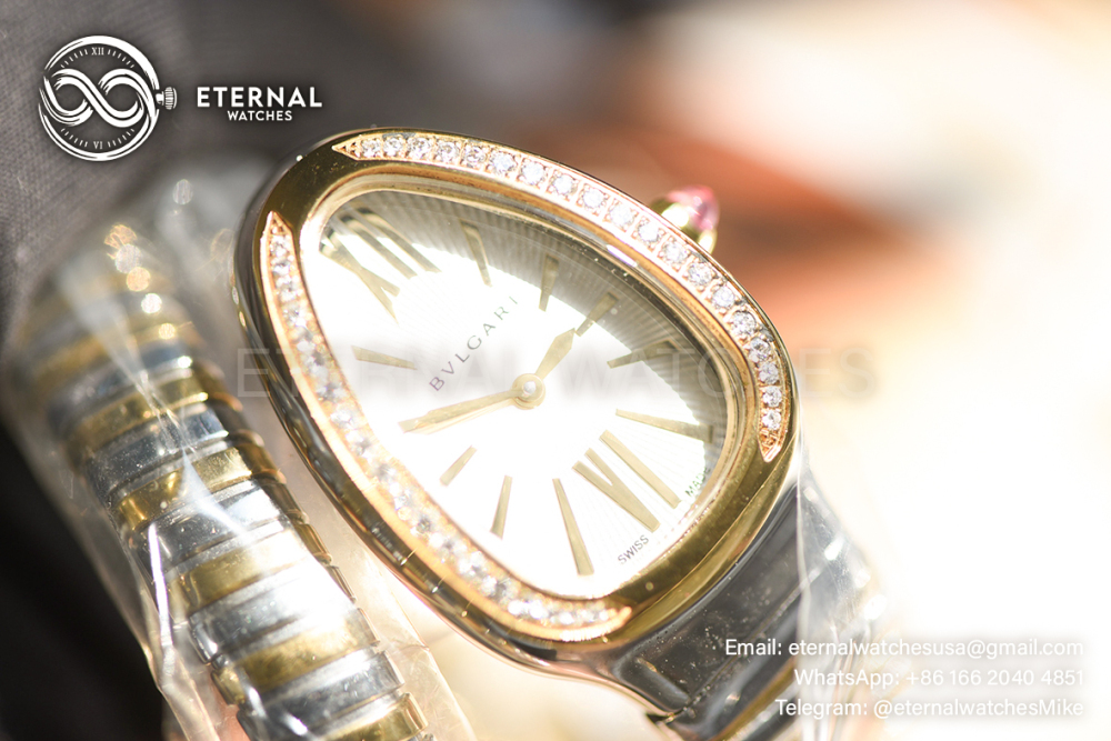 BULGARI - CUSTOM Serpenti Spiga 35mm White/Genuine Diamonds YG/YG White Dial BVF Swiss Qtz