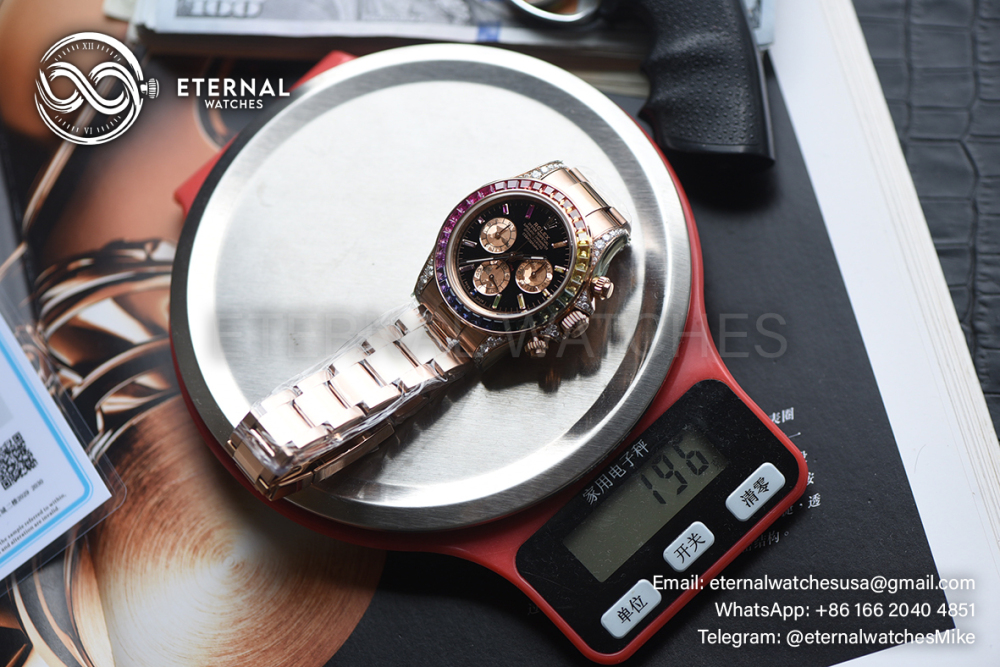 ROLEX - SUPER CLONE Daytona 116595 Rainbow 40mm RG/RG Black/Dia VSF DD4130 (Weight Adjusted)