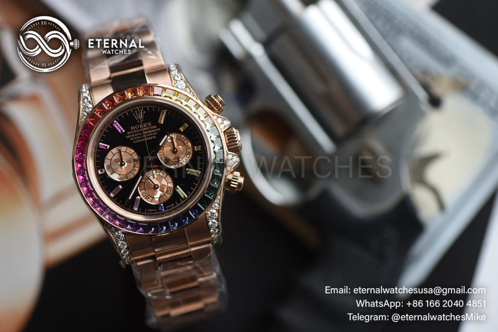 ROLEX - SUPER CLONE Daytona 116595 Rainbow 40mm RG/RG Black/Dia VSF DD4130 (Weight Adjusted)
