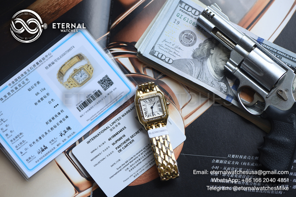 CARTIER - SUPER MOD Panthere Secrete De Ladies 27mm Dia YG/YG White Dial (Real Diamonds)