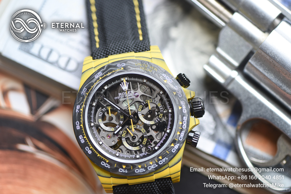 ROLEX - SUPER CLONE Daytona Diw 40mm Yellow Carbon/NY Skeleton Dial GETF DD4801
