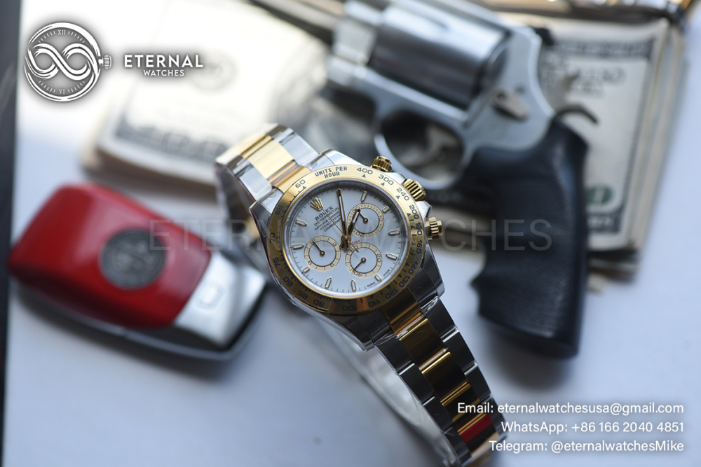 ROLEX - SUPER CLONE Daytona 126503 40mm YG/SS White/Stk VSF DD4131 (Weight Adjusted)