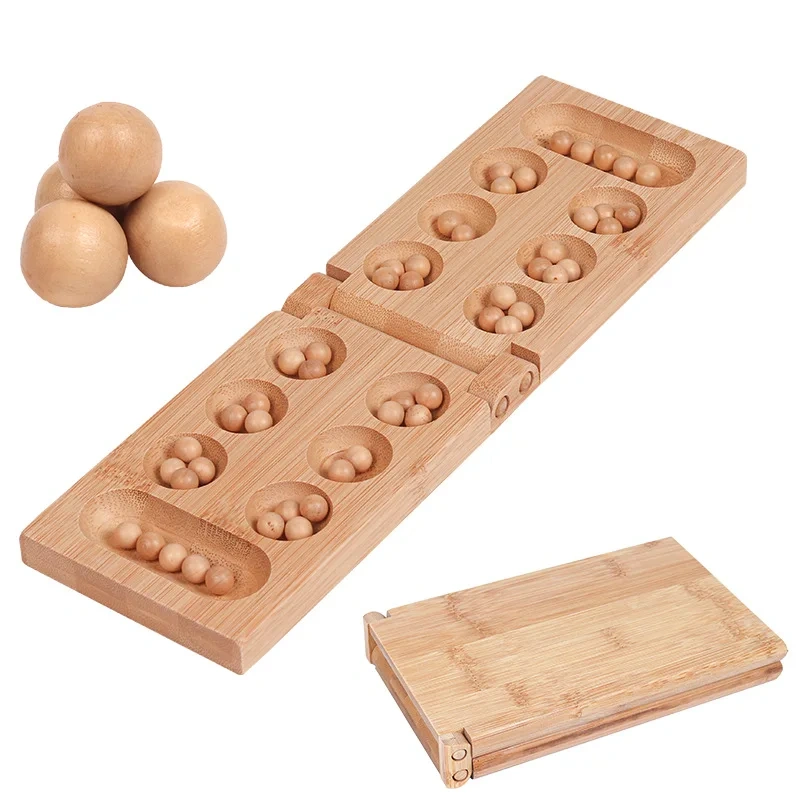 Foldable Bamboo Mancala Board Game Traditional Logic Puzzles Toys for Two Players