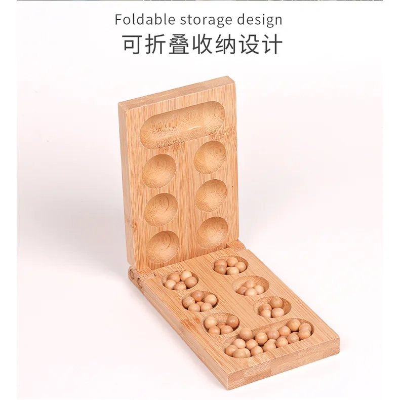 Foldable Bamboo Mancala Board Game Traditional Logic Puzzles Toys for Two Players