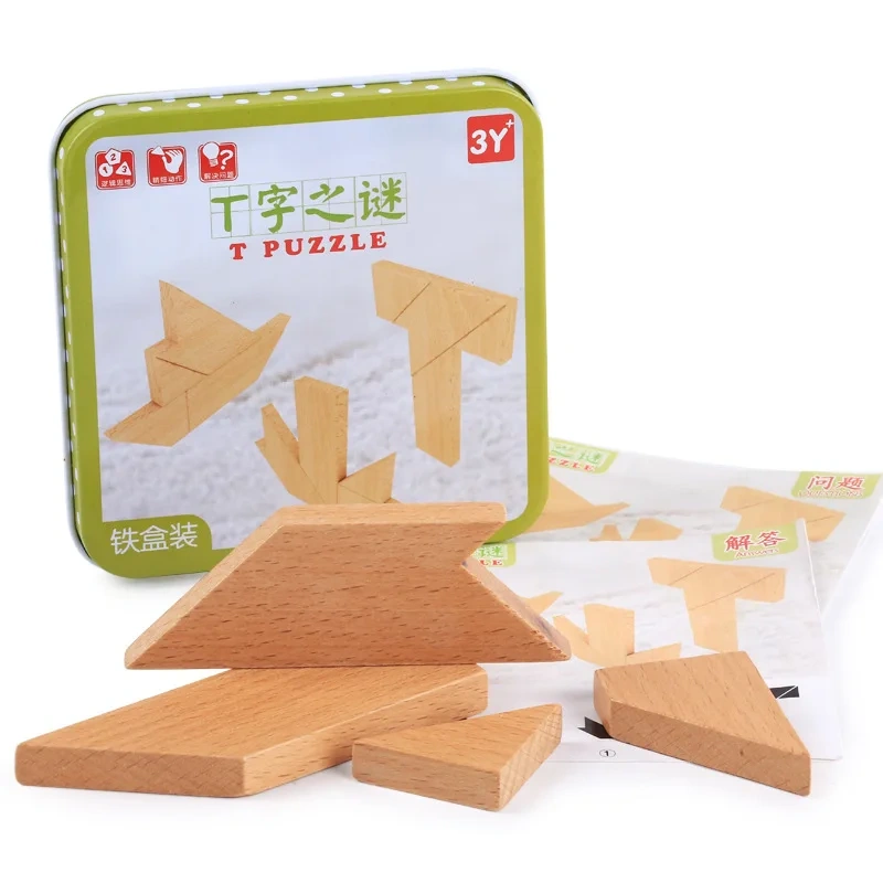 Classic Mind Wooden T Puzzle Creative Brain Teasers Shape Plastic Tangram Puzzles Game with Box