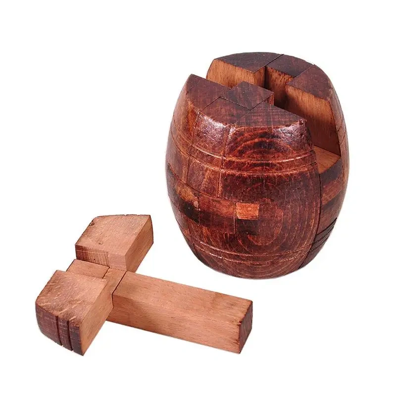 Coffee Color Large Size Wooden Burr Ball Barrel Shaped Wood Interlocking Puzzles Game for Children Adults