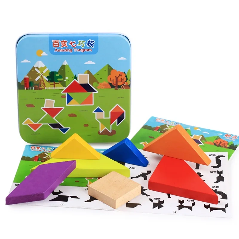 Classic Mind Wooden T Puzzle Creative Brain Teasers Shape Plastic Tangram Puzzles Game with Box