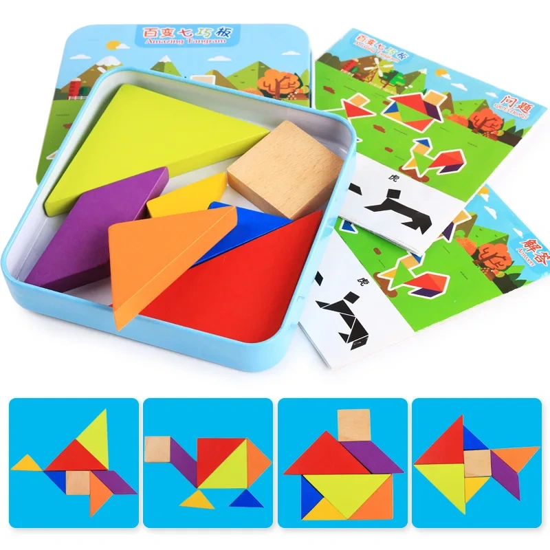 Classic Mind Wooden T Puzzle Creative Brain Teasers Shape Plastic Tangram Puzzles Game with Box