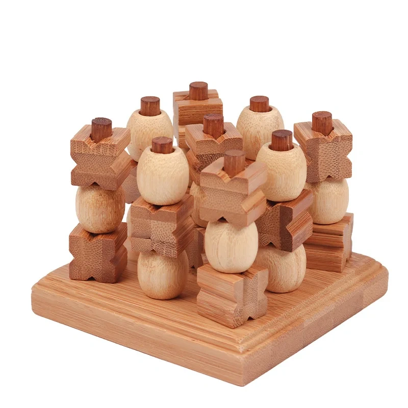 New 3D XO Tic Tac Toe Bamboo Wooden Logic Educational Puzzles Table Game for Two Players