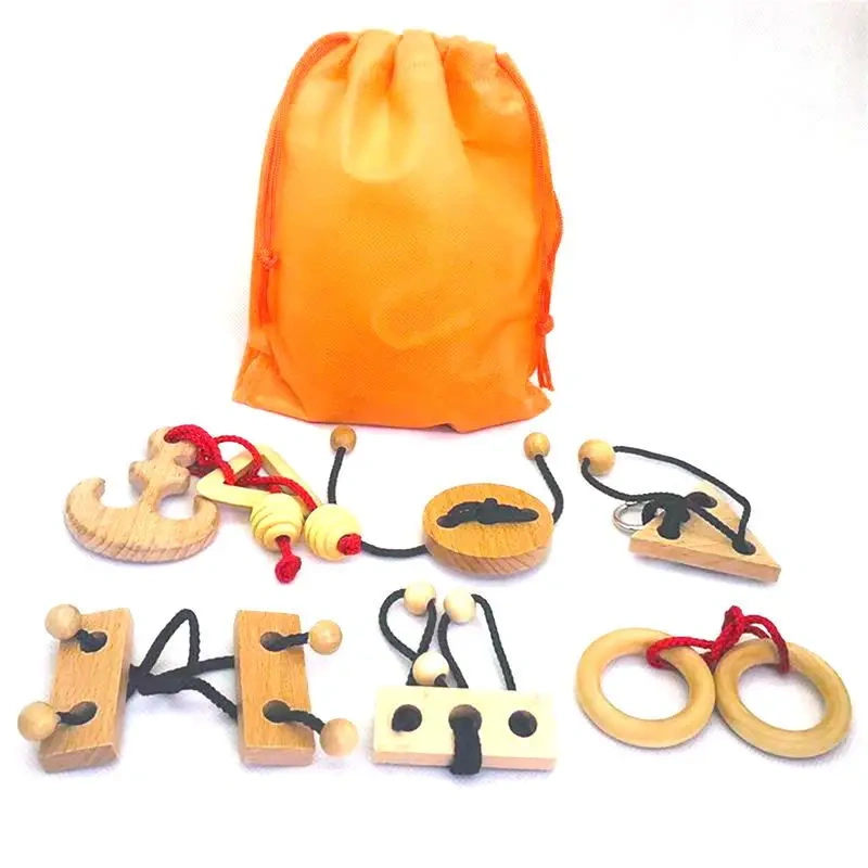 Set of 6/12PCS Magic Brain Teasers Puzzle Logic Wooden Rope Loop Rings Puzzles Game Toys Gift for Adults Kids