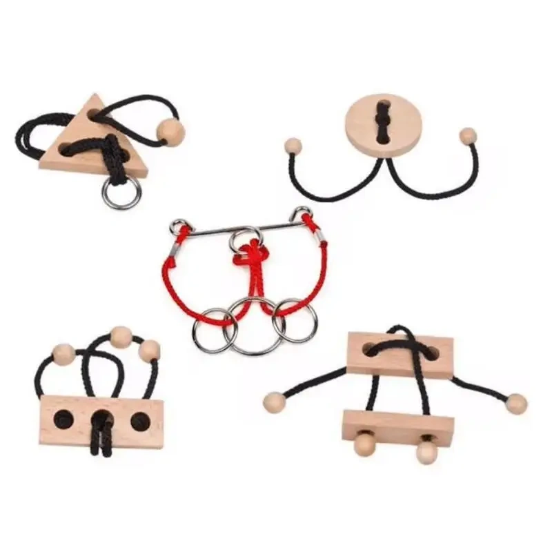 Metal Wooden Rope Puzzle Logic Mind Brain Teaser String Loop Rings Puzzles Game Toys for Adults Children