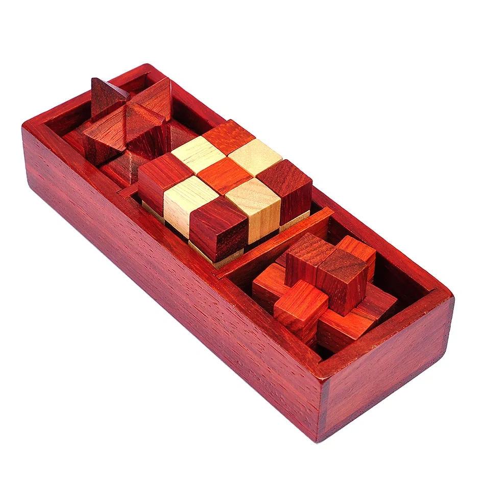 3PCS per Set Vintage Style Wood Box Packed Wooden Brain Teaser Puzzles Game Toys for Adults Kids